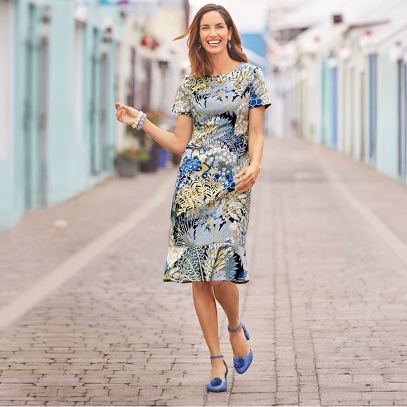☀️Talbots Blue Botanical Garden Sheath Flounce Hem Dress - Picture 1 of 11
